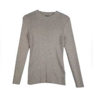 Ted Baker Top Womens 3 Gray Metallic Gold Ribbed Knit Mock Neck sweater